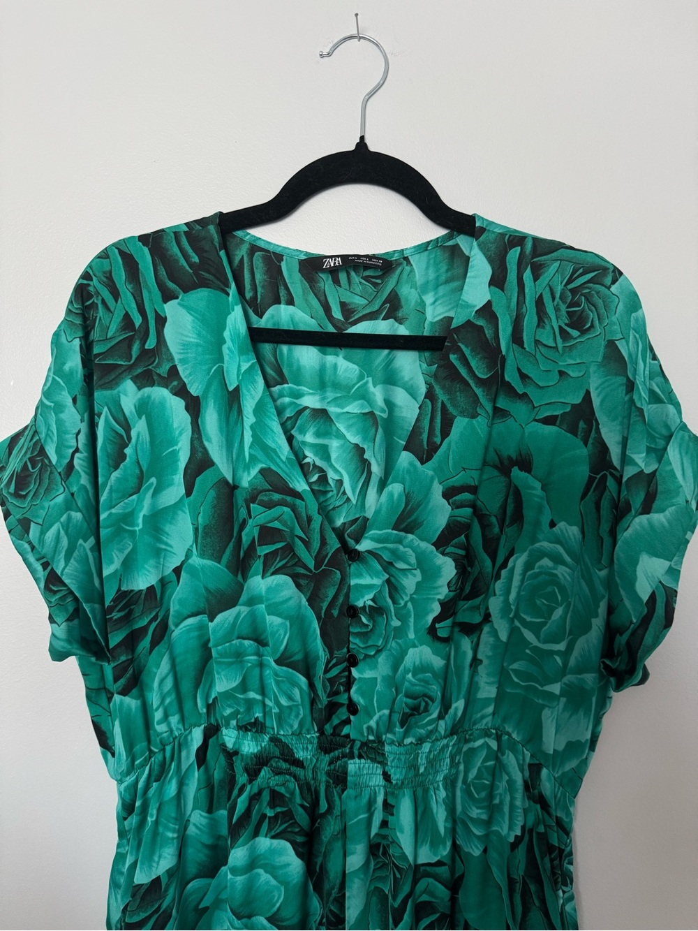 Zara Green Floral Jumpsuit Size L Tapered Leg Side Pockets - Picture 4 of 7